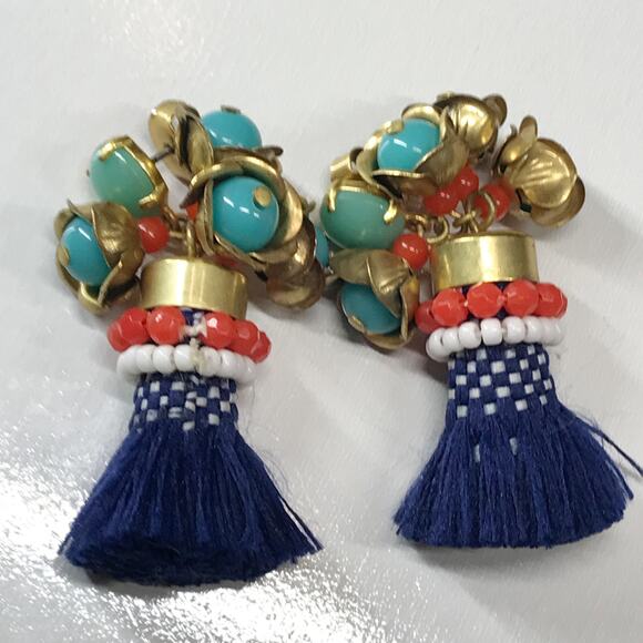 J Crew Faux Turquoise Coral Earrings Tassel Fringe Boho Beaded Dangle Pierced - Picture 7 of 9